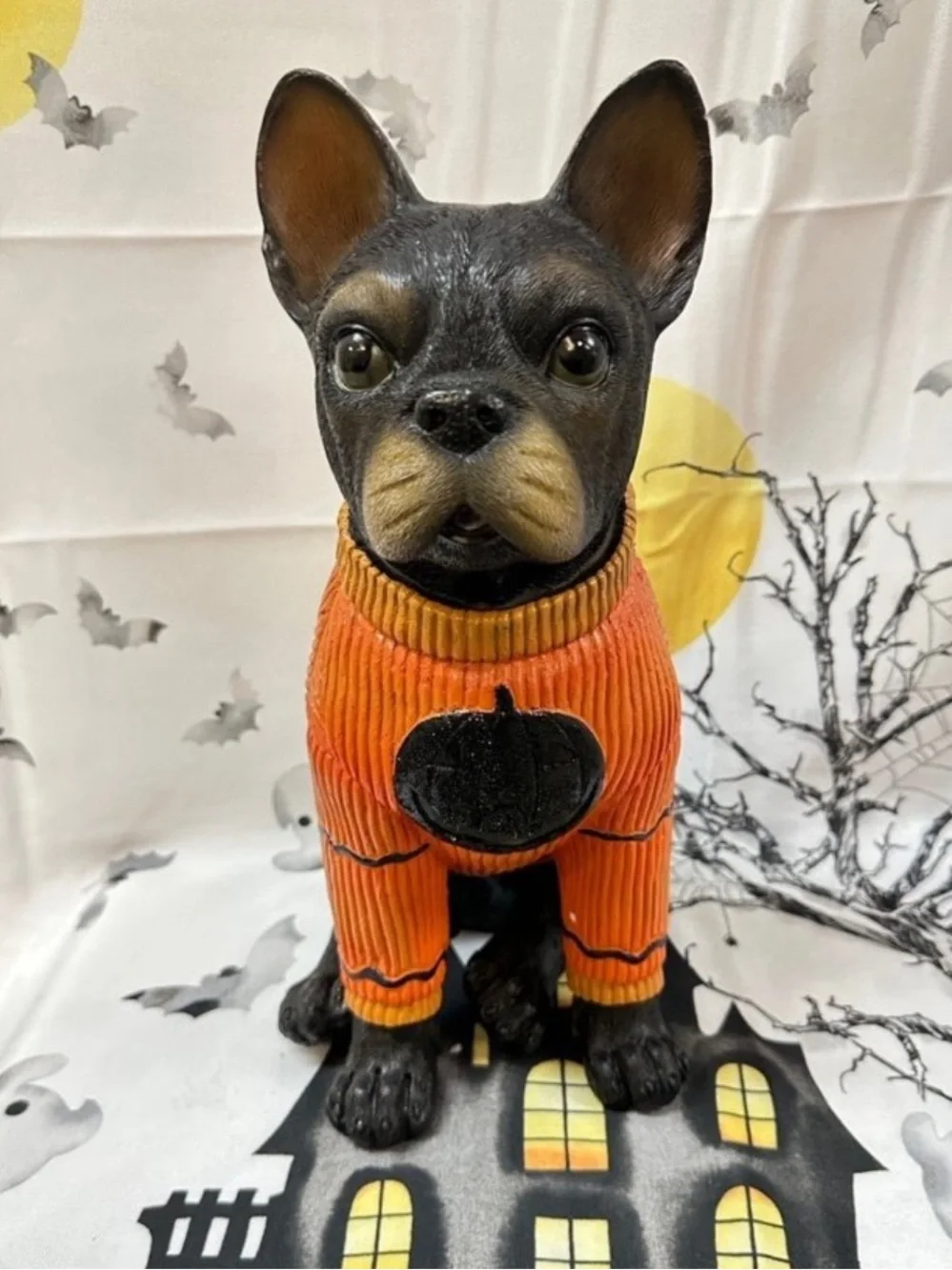 Frenchie Dog Statue Wearing Orange pumpkin Sweater Decorative Pet Figurine